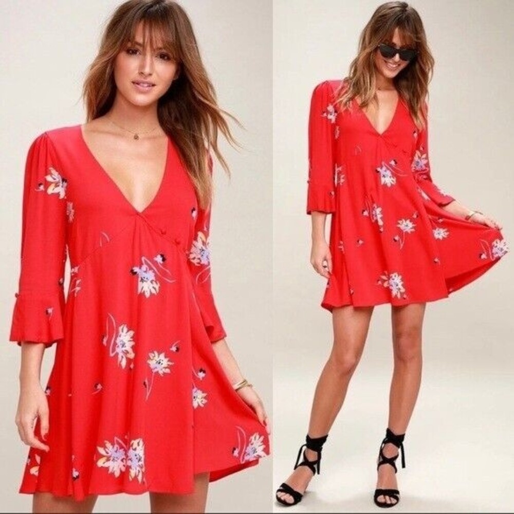Free People Red Time On My Side S Wrap Mini Dress 3/4 Sleeve Buttons 100% Rayon - Picture 1 of 16